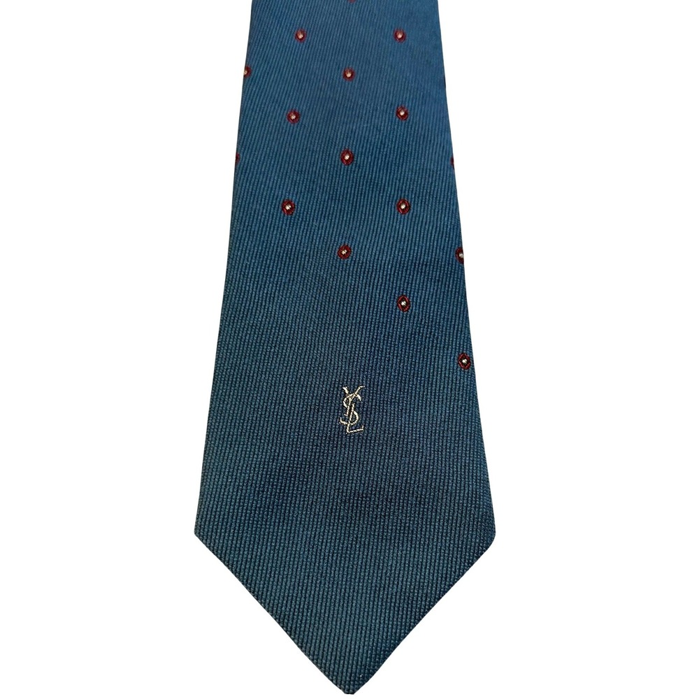Yves Saint Laurent YSL Silk Tie Dark Teal Blue Monogram Luxury Designer Vintage